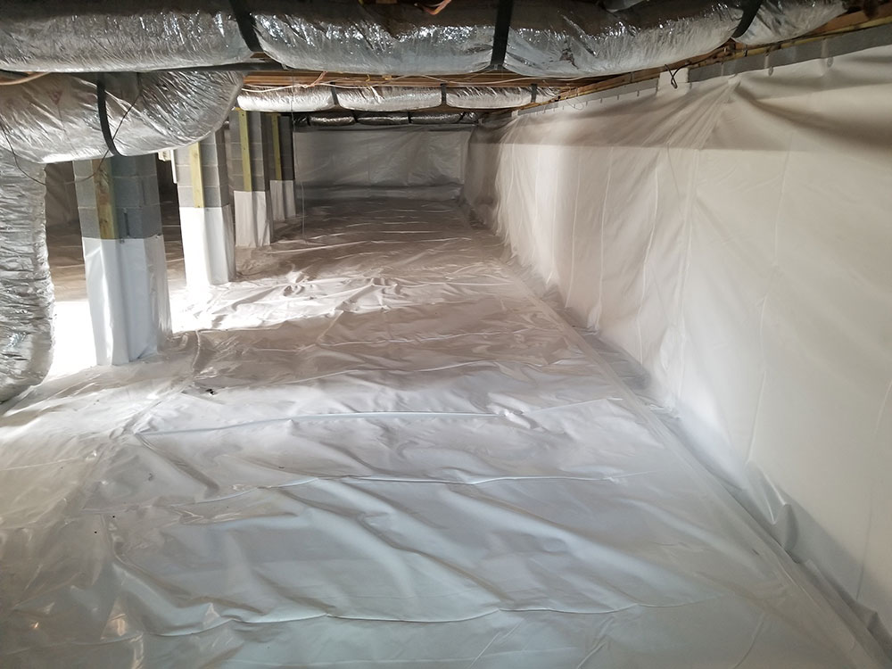 Tall Crawl Space Ninja Encapsulation with Sealed Vents and Wrapped Pillars and Foam Board on Walls