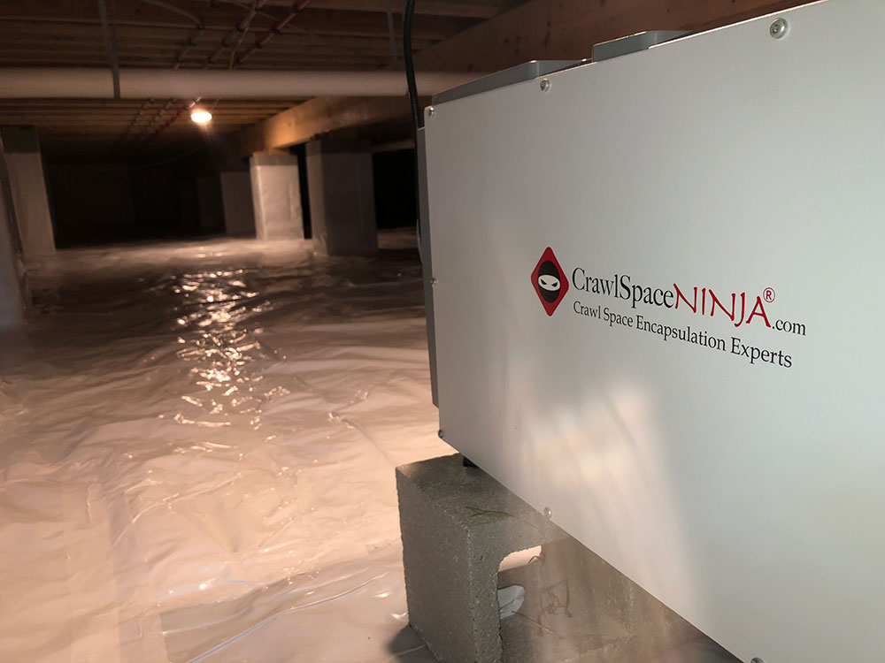 Crawl Space Ninja Branded Dehumidifier in Completed Crawl Space Encapsulation